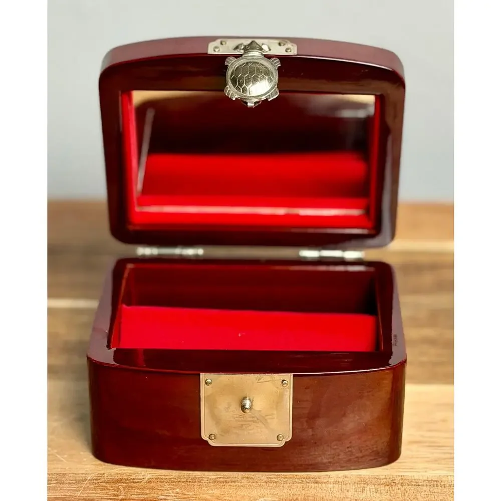 Vintage Lacquer Jewelry Box: Cranes, Turtle Clasp, Red Velvet Lined Asian Decor